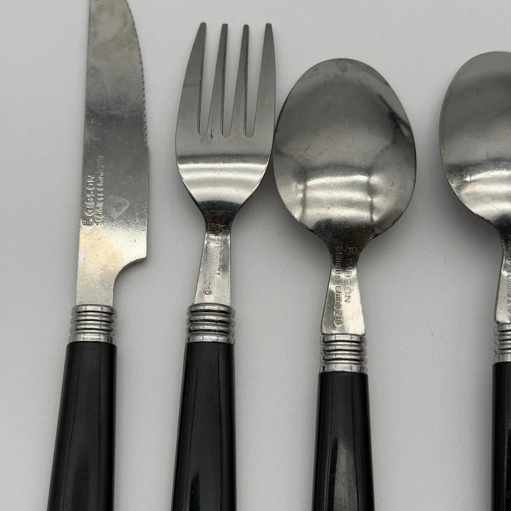 Gibson Stainless China 219 Flatware Set 6pc Black Plastic Handle Silver Rings